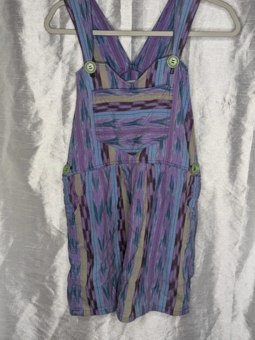 Popol Vuh Purple Blue Green Striped Cotton Overall Dress Pockets V-Neck M